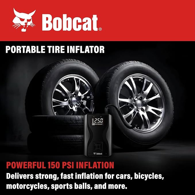 Bobcat Tire Inflator Portable Air Compressor 4000 mAh – 150 PSI - Fast Inflation Cordless Air Pump for Car Tires with Digital Pressure Gauge – Portable Air Pump for Car, Motorcycles, Bikes & Balls