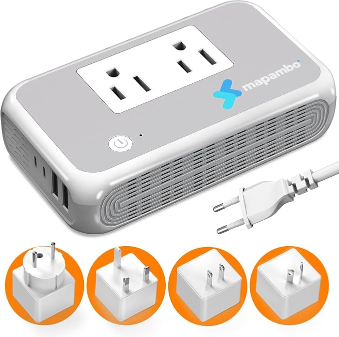 Voltage Converter US to Europe for Curling Iron and Hair Straighteners, 220V to 110V Converter for European Travel Plug Adapter with 2 USB A & 2 USB C Ports (Grey White-Global)