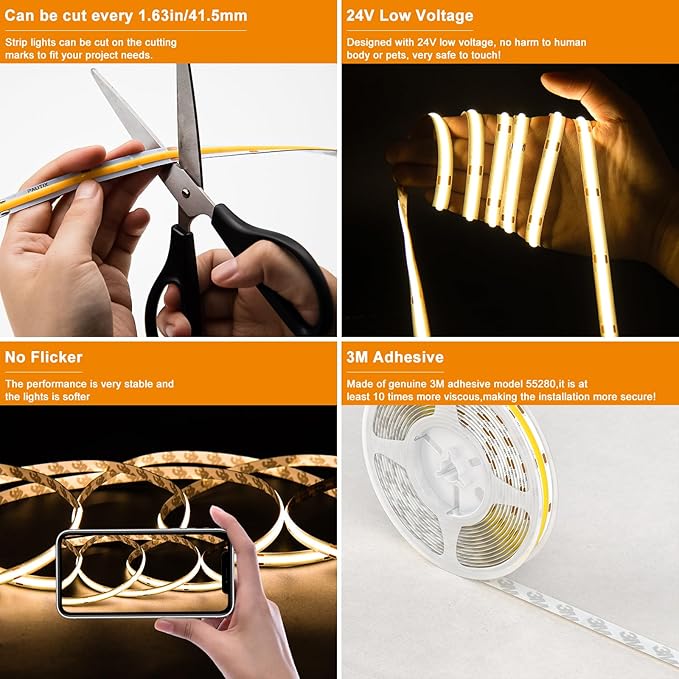 PAUTIX COB LED Strip Light Warm White 2700K 504LEDs/m,CRI90+ 32.8ft/10m Dimmable 24V LED Tape Lights Kit,Work with Alexa/Google Assistant,for Under Cabinet Bedroom Kitchen DIY Lighting