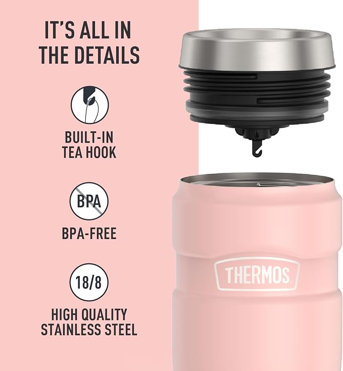 THERMOS Stainless King Vacuum-Insulated Stainless Steel Tumbler - 16oz, Matte Pink - Insulated Coffee Tumbler for Hot & Cold Drinks - Leak-Proof & Sweat-Proof for Commuting & Traveling