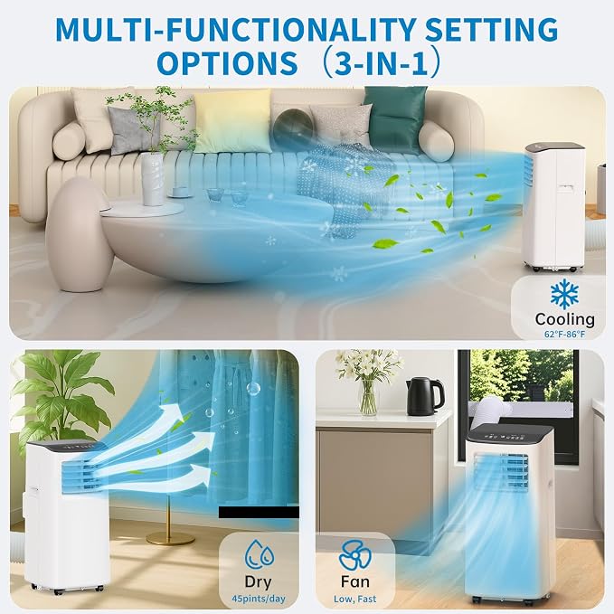 8000 BTU Portable Air Conditioner, Cools Up to 350 Sq.ft. Quiet AC Unit with Remote, 3-in-1 Dehumidifier Fan Sleep Mode 24H Timer, Easy Install Window Kit, for Home,White Body-Black Top Cover