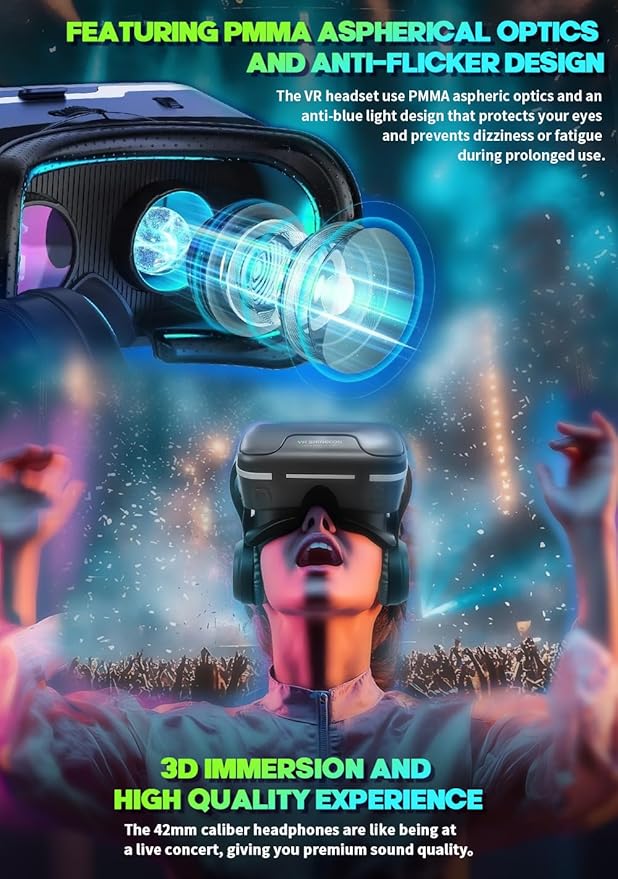 VR Headset with Built‑in Headphones – 120° FOV Aspherical Lenses for 3D Movies & Games (Smartphone Compatible)