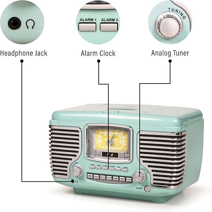 Crosley CR612B-AB Corsair Tabletop AM/FM Bluetooth Radio with CD Player and Dual Alarm Clock, Aqua Blue