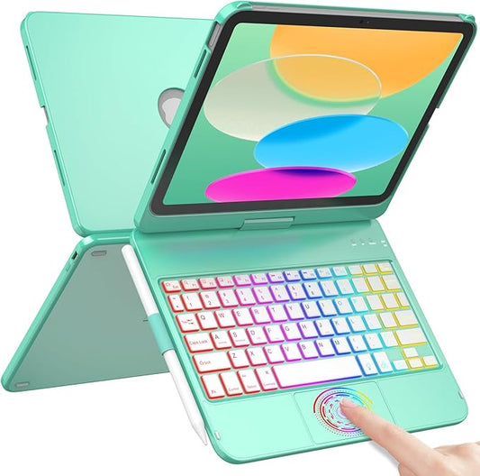 HOTLIFE for iPad A16 11th Generation/10th Generation Case with Keyboard,Touch Keyboard for iPad 11" /10th Gen 10.9 inch 2022-10 Color Backlight, 360° Rotatable Protective Cover (Lake Blue)