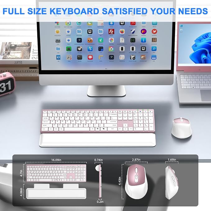 Wireless Keyboard and Mouse Combo, Full Size Silent Ultra Thin Keyboard with Magnetic Wrist Rest, Optical Mouse, 2.4G Lag-Free Cordless Mice Keyboard Set for Computer, Mac, Laptop, PC, Windows