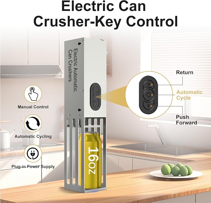 Automatic Can Crusher, Electric Can Crushers Wall Mounted for Recycling 8oz, 12oz & 16oz Cans, Fill 1 can at a Time, for Recycling Aluminum Seltzer, Cola, Beer Cans