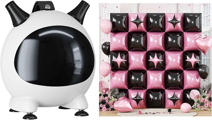Electric Balloon Pump and 32PCS Pink and Black Square Foil Balloon with Star Foil Balloon, 600W Dual Nozzle Air Pump and Metallic Pink and Black Tunnel Arch Kit for Birthday Wedding Baby Shower