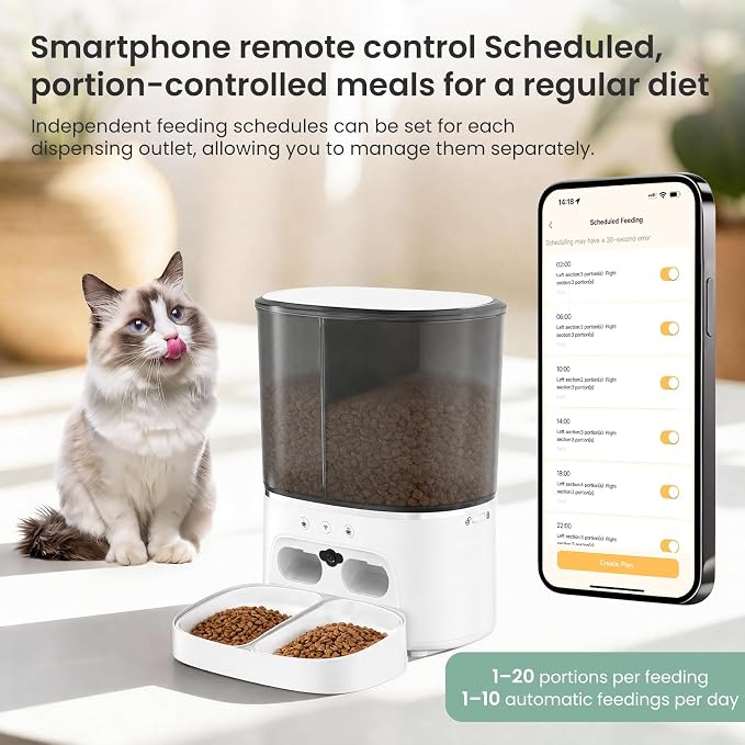 Automatic Cat Feeder 5G/2.4GHz Dual-Band WiFi Built-in HD Camera & Night Vision Two-Way Audio Calling APP Remote Control | Up to 10 Timed Feedings Per Day 8L Capacity Washable Parts (White)