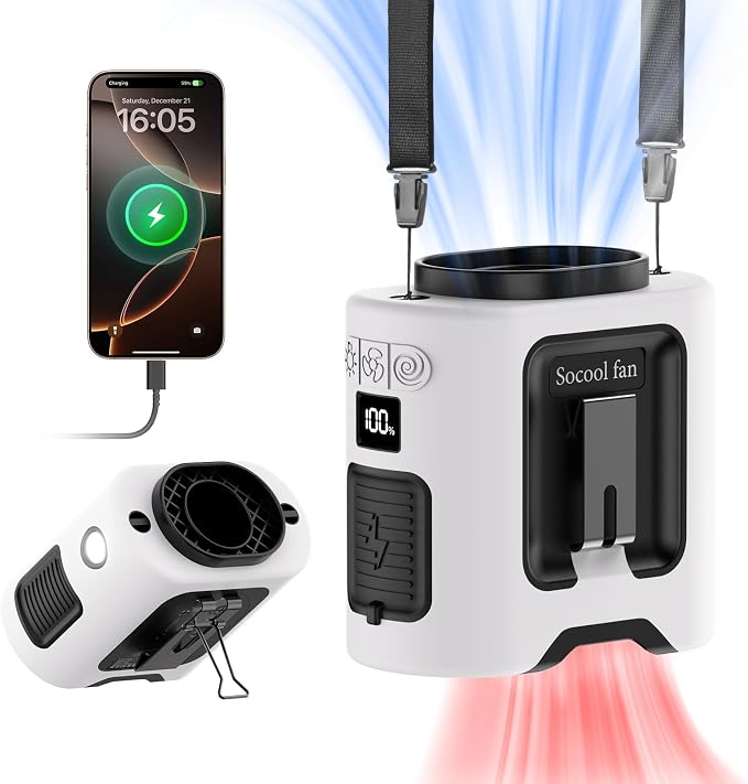 Socool 14500mAh Portable Waist Fan with 360 Rotation, Rechargeable Mini Personal Clip On Belt Shirt Fan 67Hrs Cooling Wearable Hanging Neck Fans with 5 Speeds & LED Light For Outdoor Working Jobsite