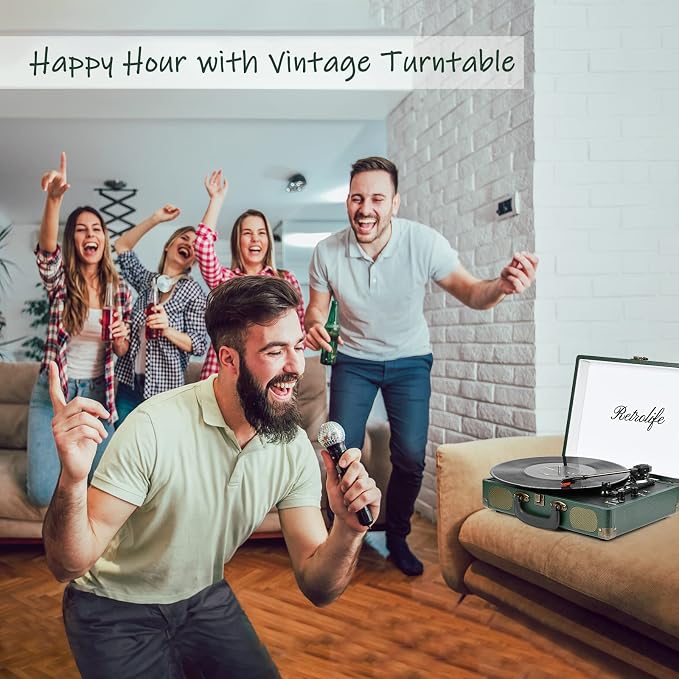 Vinyl Record Player 3-Speed Bluetooth Suitcase Portable Belt-Driven Record Player with Built-in Speakers RCA Line Out AUX in Headphone Jack Vintage Turntable Dark Green