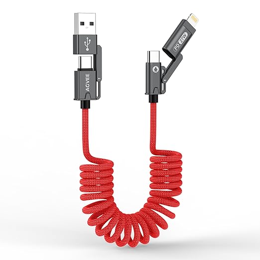 AGVEE 5ft 4-in-1 Coiled Multi USB C Charging Cable, Secure-Slide No-Loss Adapters, Slim Tips Fit Thick Cases, Lightning End Reinforced, PD 60W for iPhone Carplay, Samsung, iPad, Red