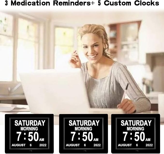 Medication Reminder Day Date Time of The Week Clock Digital Calendar Dementia for Seniors Elderly Impaired Vision Memory Loss Clock