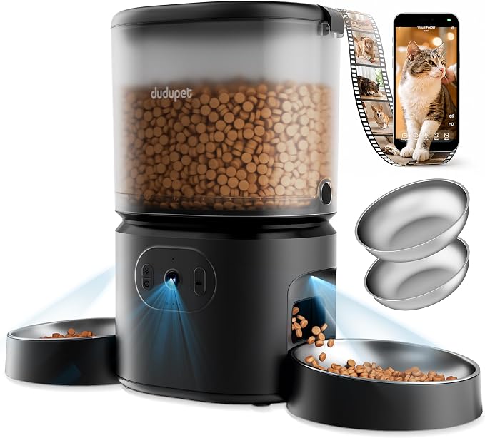 Automatic Cat Feeder for 2 Cats with 3 Camera: 5G WiFi Auto Pet Feeder Dual Stainless Steel Bowls, 1080P HD Night Vision Remote App Control Timed Dispenser 1-10 Meals for Multi-Cat Households