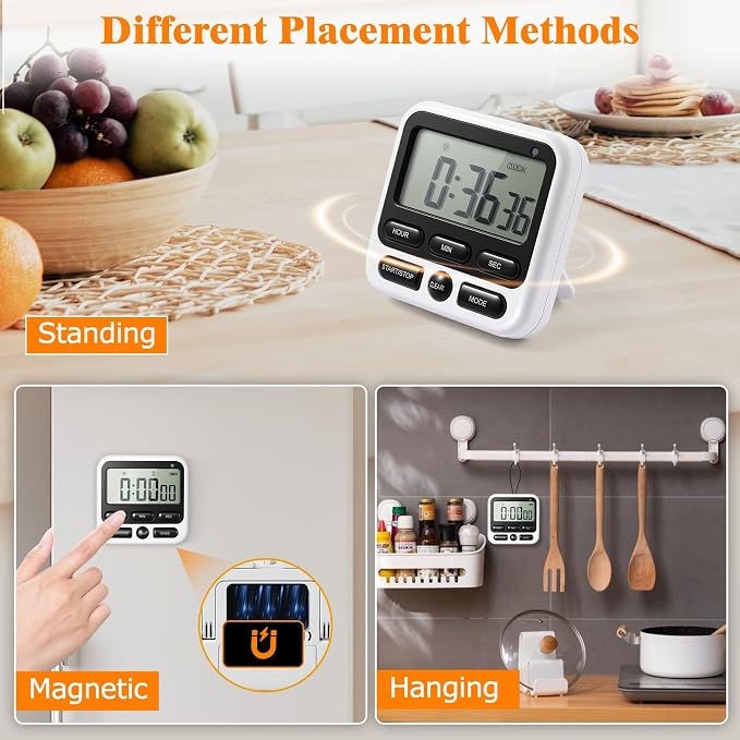 12 Pcs Silent Flashing & Loud Alarm Digital Timer, Magnetic Count Up/Down Timer with Large LCD Display for Cooking Baking Teaching