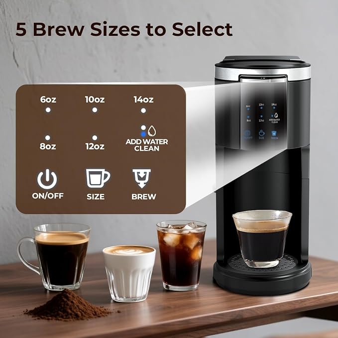 Single Serve Coffee Maker 2 in 1 Coffee Machine with Ground Coffee & Pods Coffee, 6 to 14 Oz Brew Sizes,Mini One Cup Coffee Maker 40oz Water Tank,Auto Cleaning & Shut Off, Black