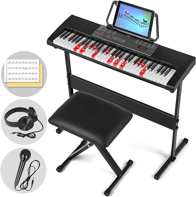 MUSTAR 61 Key Piano Keyboard, Electric Piano Keyboard with Lighted Up Keys, Learning Keyboards Piano for Beginners With Piano Stand, LCD Screen, Headphones, Microphone (Black with Stool)