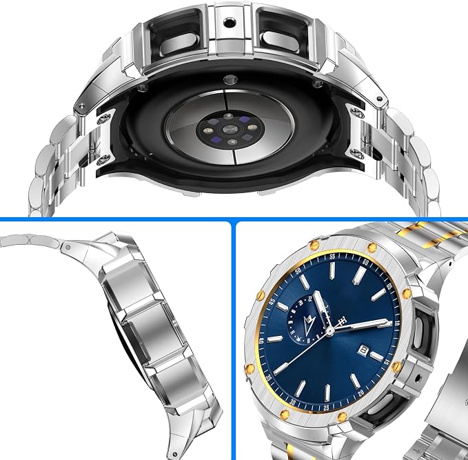 BAITEYOU Stainless Steel Band with Case Compatible with Samsung Galaxy Watch 5 pro 45mm Bands, Protective Metal Case Cover and Band for Galaxy Watch 5 pro 45mm for Men (Silver Gold)
