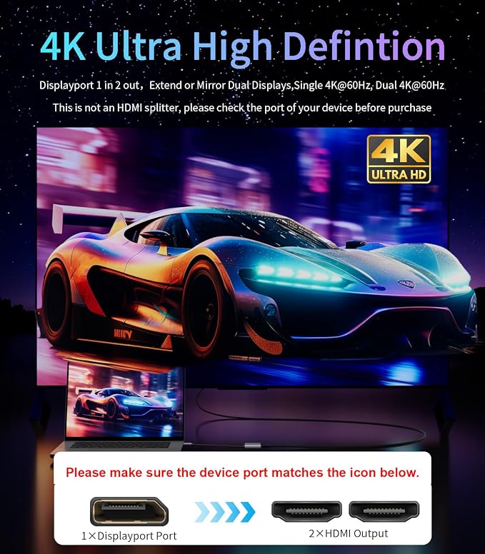 DisplayPort to Dual HDMI Adapter [4K@60Hz] DP to HDMI Splitter 1 in 2 Out Extended Display, DP Male Source Converter for Dual Monitors Compatible with PC,Graphic Card and More