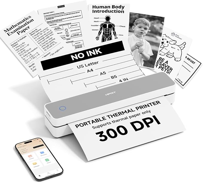 HPRT Inkless Portable Printer Wireless for Travel,Thermal Printer Supports 8.5" x 11" US Letter&A4&A5,Compatible with iOS,Android, Laptop, MT610 Pro,300 DPI,White