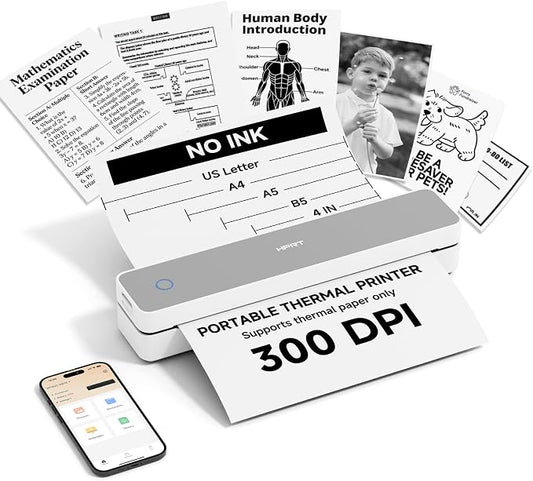 HPRT Inkless Portable Printer Wireless for Travel,Thermal Printer Supports 8.5" x 11" US Letter&A4&A5,Compatible with iOS,Android, Laptop, MT610 Pro,300 DPI,White