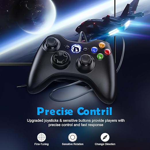 Dinosoo 2-Pack Wired Controller for Xbox 360 & PC with Upgraded Joystick, Double Shock, 2.5mm Audio Jack – 10ft Cable