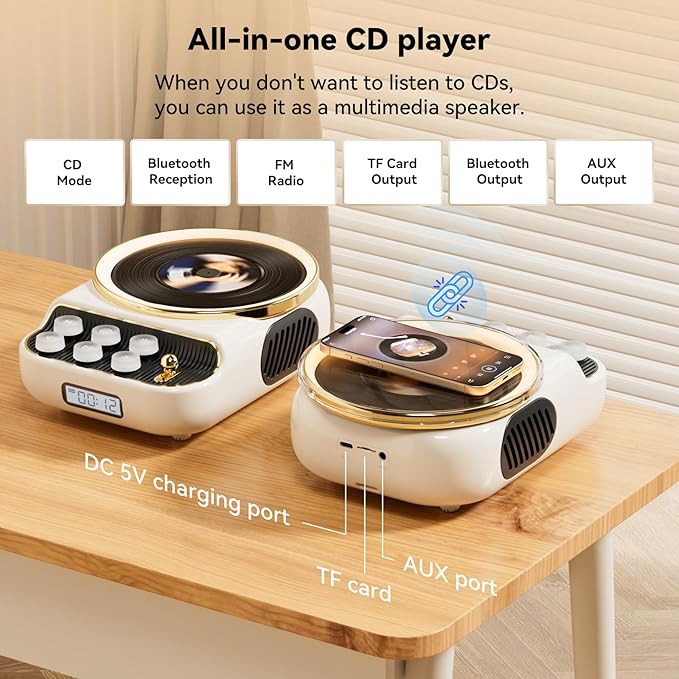 4 in 1 Retro Portable CD Players with Bluetooth Speakers, FM Radio, Night Light, LCD Display, 4000 mAh Battery, Vintage Radio Built in Dual Speakers Supports USB/AUX/Type-C for Home (White)
