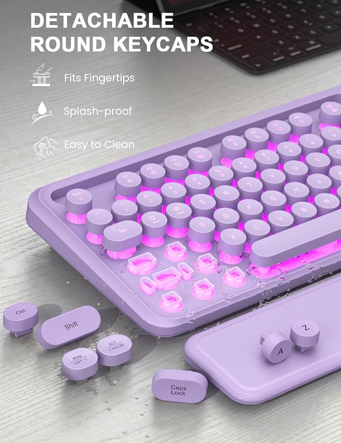 Wireless Keyboard and Mouse Combo - Backlit Typewriter Keyboard with Magnetic Wrist Rest & Phone Holder, Light Up Round Keys, 2.4GHz Cordless Set for Mac, Windows, PC, SABLUTE (Soft Lilac)