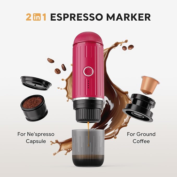 Portable Electric Espresso Machine, Travel Coffee Maker for Camping, Car Self-Heating Coffee Machine with USB-C, Compatible With NS Capsules & Ground Coffee, Portable Coffee Maker for Hiking,RV,Office