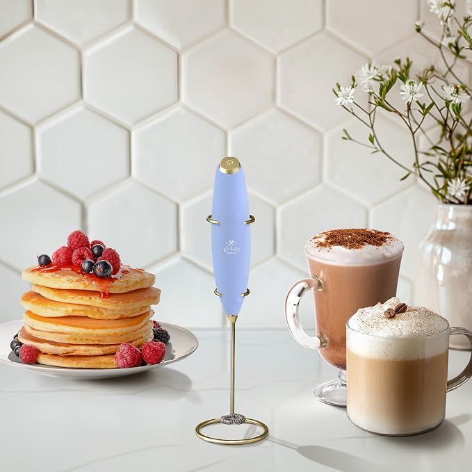 Zulay Kitchen Powerful Milk Frother Wand With Duracell Batteries - Ultra Fast Handheld Drink Mixer - Electric Whisk Foam Maker for Coffee, Lattes, Cappuccino & Matcha - Z1 Motor - Blue & Gold