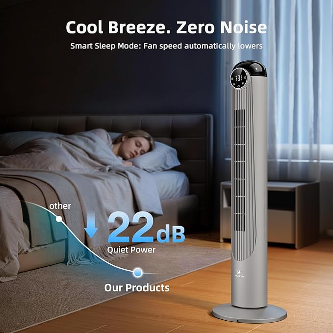 Antarctic Star T42 Tower Fan-42 Inch, Bladeless Oscillating Fan with Remote, 6 Speeds & 4 Modes, LED Display, 9H Timer, Quiet Floor Standing Fan for Bedroom Living Room Office, Grey