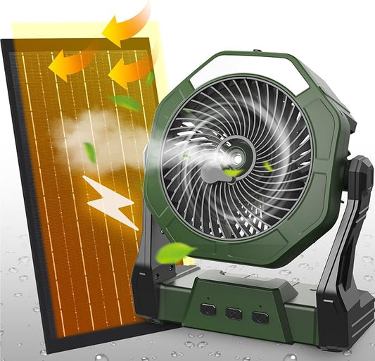 Ausic 10W Solar Fan with Mister, Misting Camping Fan with Solar Panel, Portable Outdoor Fans, 8 Inch Battery Operated Rechargeable Cooling Fans with Water Spray for Travel/Beach/Chicken Coop