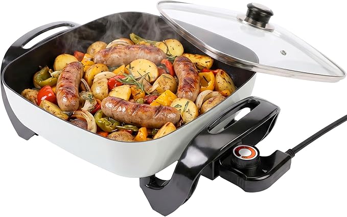 12" Ceramic Nonstick Electric Skillet with Tempered Vented Glass Lid, Scratch-Resistant Surface, Cool-Touch Handles, Removable Easy-to-Clean Design, 1200W, Vibrant Green