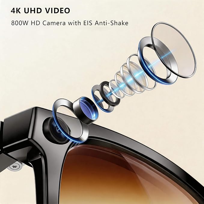 EarlySincere Smart Glasses with 4K Camera & EIS, Audio Video Recording Glasses with Live Translation Voice Assistant, Gradient Tea Sunglasses Lenses, UV400 Protection TR90 Frame