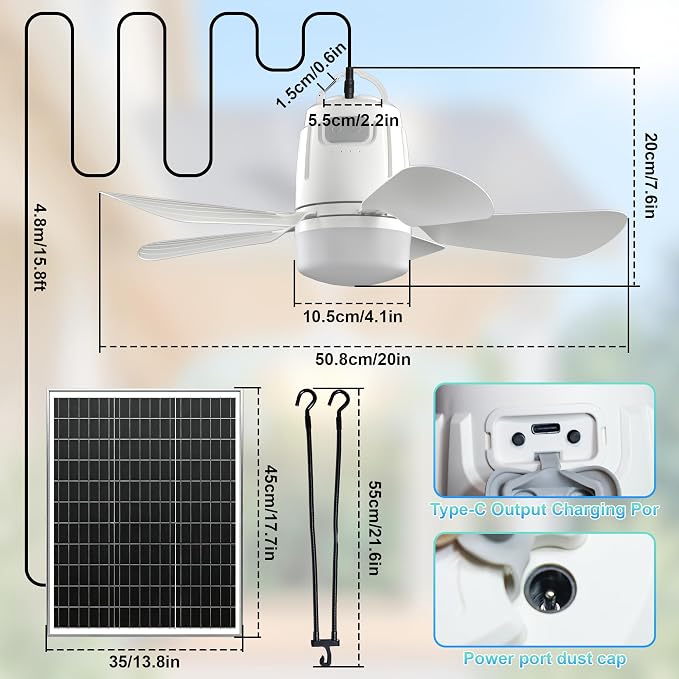Solar Ceiling Fan 20'', 20000mAh Battery Portable Ceiling Fan with 30W Solar Powered, Remote & Hanging Hook, 3000k-6000k Dimmable Solar Fans for Outside, Tent, Gazebo, Canopy, RV, Chicken Coop