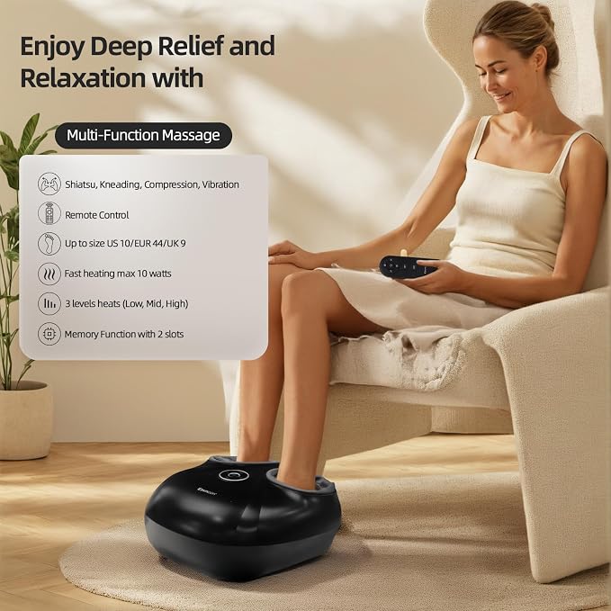 Foot Massager Shiatsu Kneading/Scraping/Vibration/Heat/Remote | 2 Memory Slots,3 Modes, 3 Heats, 3 Intensitys, 15min Timer, Fits US Size 5-11.5