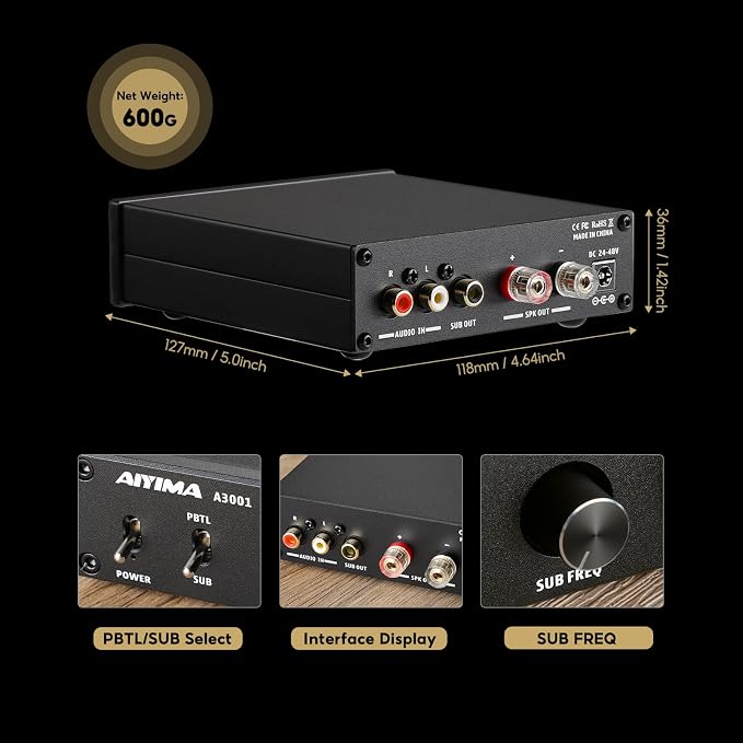 AIYIMA A3001 Mini Mono Amp 300W Subwoofer Amplifier TPA3255 Class D Amp with Full-Frequency & Sub Bass Home Audio Speaker amp+ DC36V 6A Power Adapter