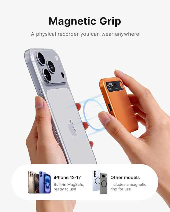 BOYA Notra AI Voice Recorder, Smart Transcription & Summary, App Control, 64GB Storage, Secure Cloud Sync, Supports 140+ Languages, MagSafe-Compatible, Ai Note Taker for Meetings & Interviews, Orange