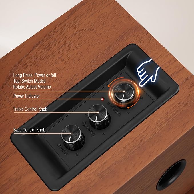 Elimavi Powered Bluetooth 5.3 Bookshelf Speakers - 60W Record Player Speakers with 4" Carbon Fiber Woofer & USB-C/RCA Input, Wooden Monitor Speakers for Turntables, PC, TV, Gaming, Brown