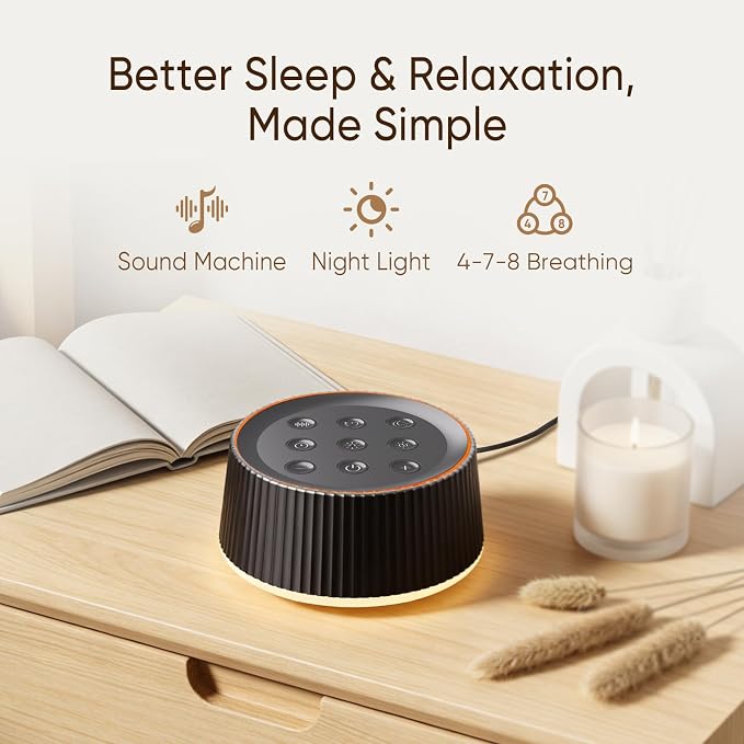 Noise Machine, White Noise Sound Machine for Baby & Adults, 26 Soothing Sounds, 8 Night Light Colors, Tap Control, 6 Timer Settings, Auto-Off & Memory, 4-7-8 Breathing, Sleep Soother for Home