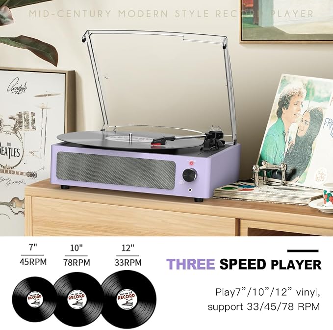 Record Player for Vinyl All-in-one Turntable with Speakers Belt-Driven Turn Table 3-Speed 3 Size 33 1/3 45 78 RPM BT Wireless Headphone AUX-in RCA LP Phonograph Auto Stop New Sleek Light Pale Purple