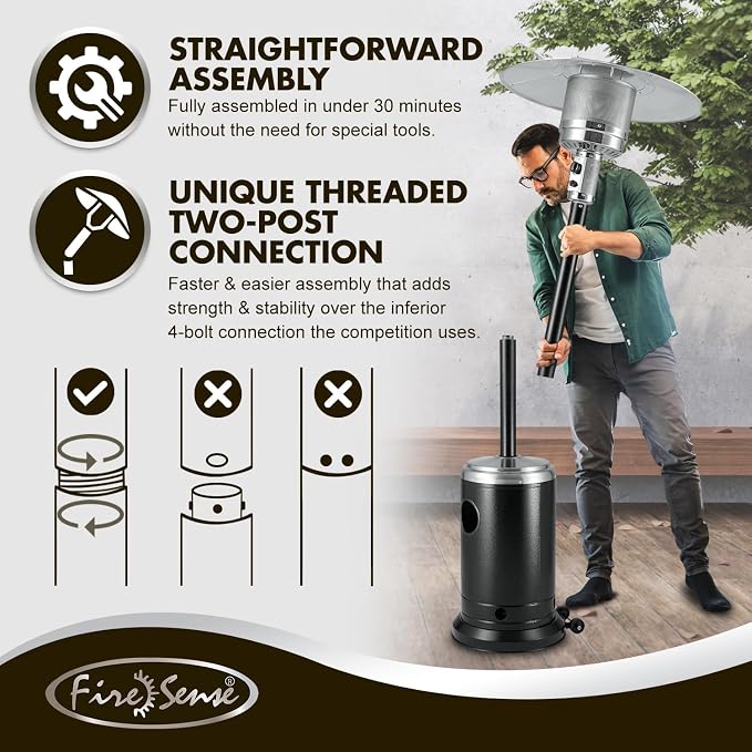 Fire Sense All Seasons Patio Heater With Wheels 48000 BTU Output Electronic Ignition System Portable Outdoor Propane Heater Series Patio Heater - Oynx & Stainless Steel Accent Finish