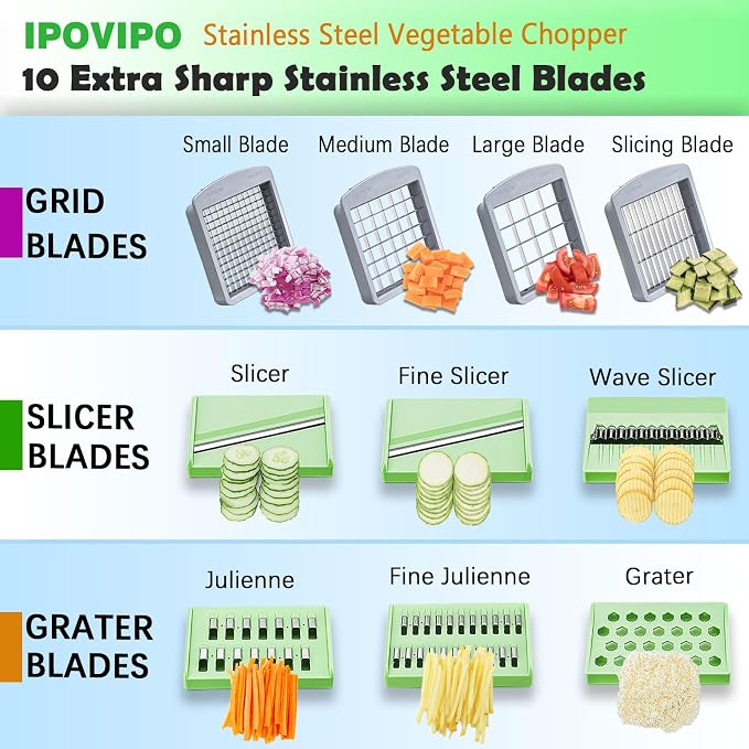 Stainless steel Vegetable Chopper, Veggie Chopper With 10 Blades, Onion Dicer with Container, Food Cutter & Grater Mandoline Slicer