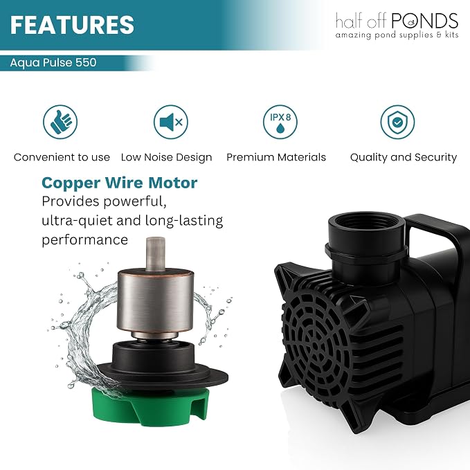 Aqua Pulse Submersible Pond Pump, 550 GPH, 33 ft Cord | 11 ft max head, 54W energy efficient, Ultra quiet, For koi ponds, Waterfalls, Fountains
