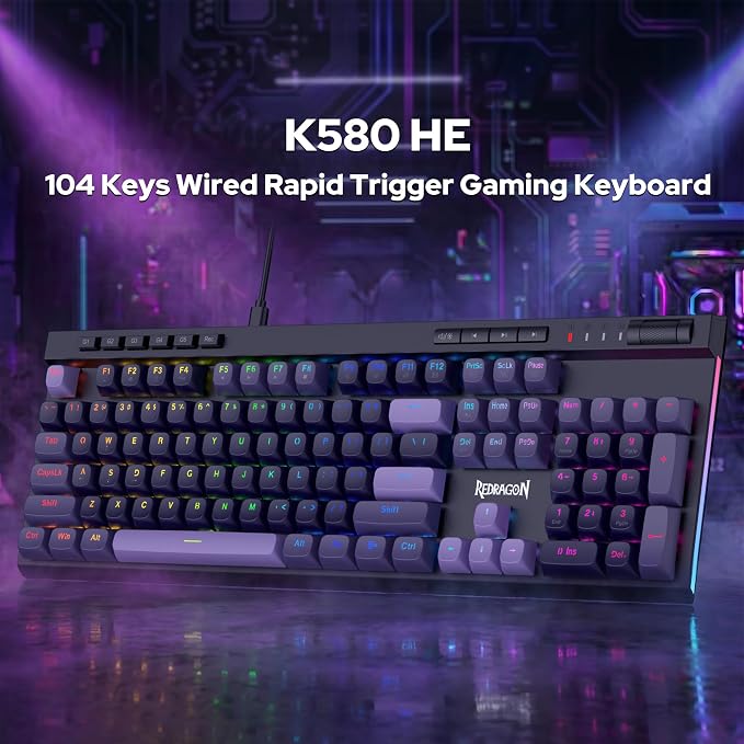 Redragon K580 HE Rapid Trigger Gaming Keyboard, 100% 104 Keys Wired Mechanical Keyboard w/Hyper-Fast Actuation, 8K Hall Effect Magnetic Switch, Dedicated Media Controls, Onboard Macro Recording