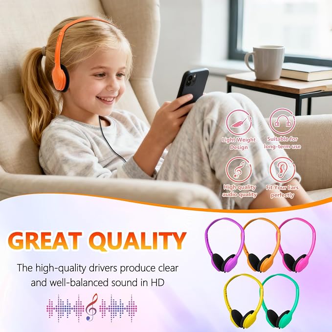 Class Set Headphones for Kids Students School Classroom 20 Pack Bulk Headphones Adjustable with 3.5 mm Jack for Library Children Mixed Colors