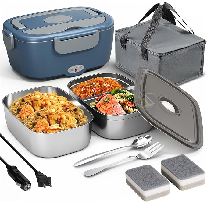 Sitlais Electric Lunch Box for Adults - Fast Heating Portable Food Warmer with 2 of 53oz 304 Stainless Steel Containers 12V/24V/110V Heated Lunch Box for Men&Women Work Office Truck Travel lonchera