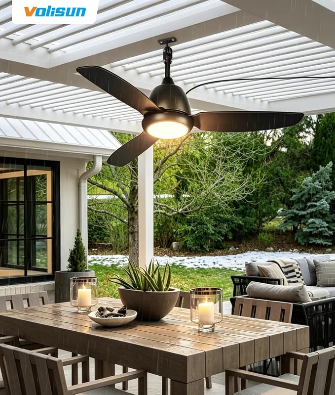 VOLISUN Outdoor Ceiling Fans with Light for Patios, 42in Weatherproof Plug in Ceiling Fan, 3CCT Dimmable Gazebo Ceiling Fan Remote&APP Control, Black Caged Ceiling Fan for Porch, Pergola,Canopy