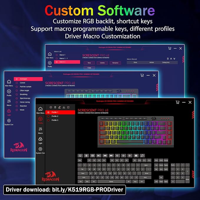 Redragon Wireless Gaming Keyboard, Bluetooth/2.4GHz/USB-C Wired, RGB Backlit, Portable 60% Mini Quiet Macro Membrane Keyboard, Rechargeable 4000mAh Battery, Anti-Ghosting for Win/MAC