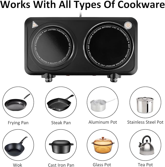 Infrared Dual Burner, 1800W Portable Electric Hot Plate with 7.5” & 6.3” Glass Cooktop, Stepless Temperature Control Countertop Stove for Home RV Camp, Dual Hot Plates