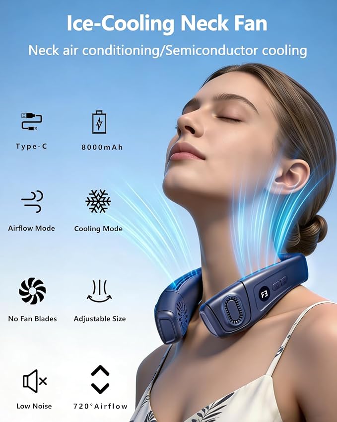 Neck Air Conditioner Fan Instant Cooling with Cooling Plate, Bladeless, 8000mAh Operated Wearable Rechargeable Neck Fan, 3 Cooling Level&3 Speeds Level for Hot Flashes, Travel, Gym